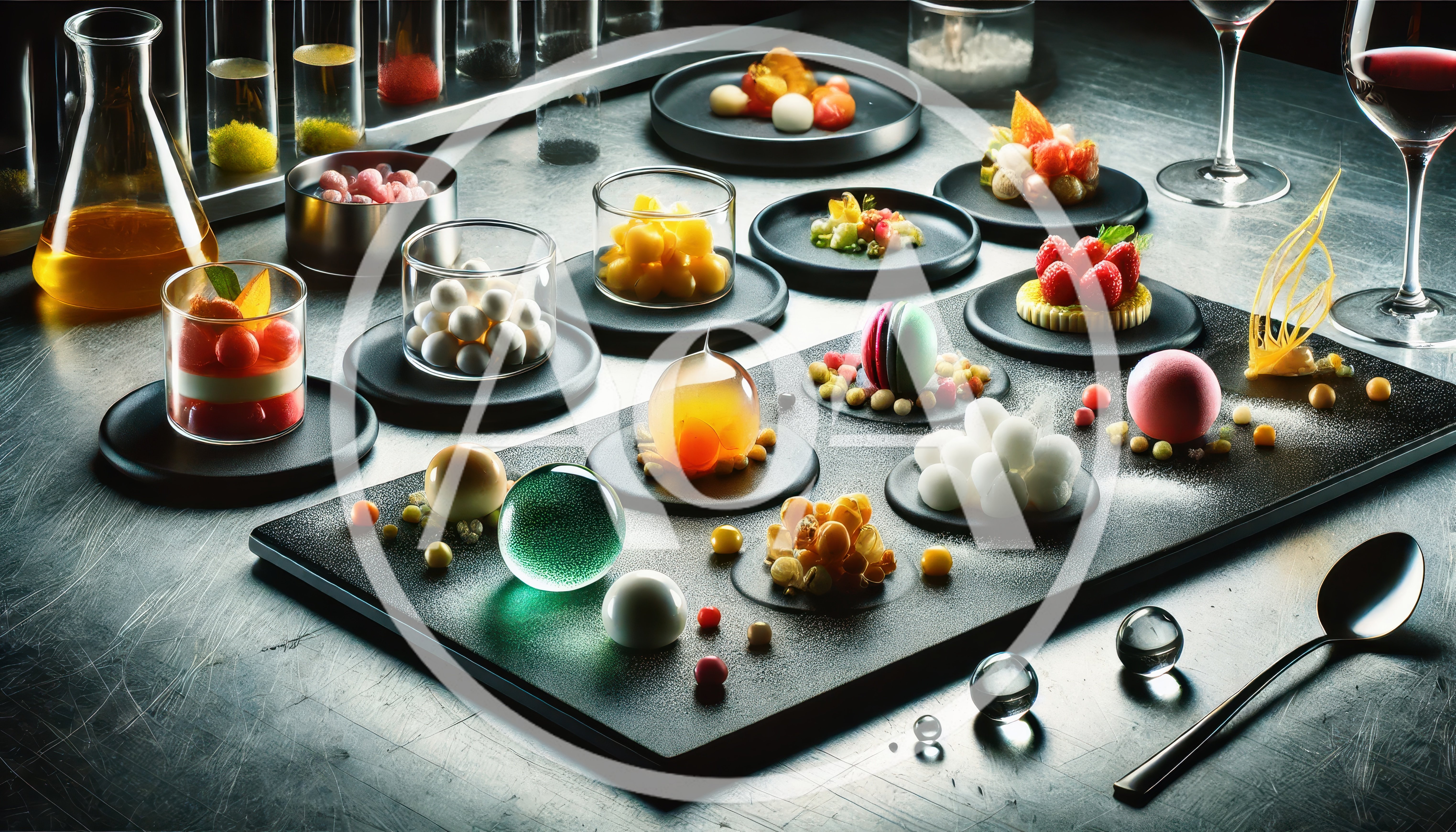 Molecular Gastronomy Dessert Plating On Metal Table
