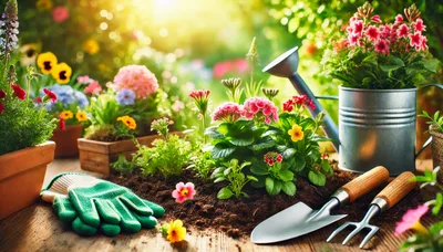 Gardening Tools And Potted Flowers On A Wooden Table