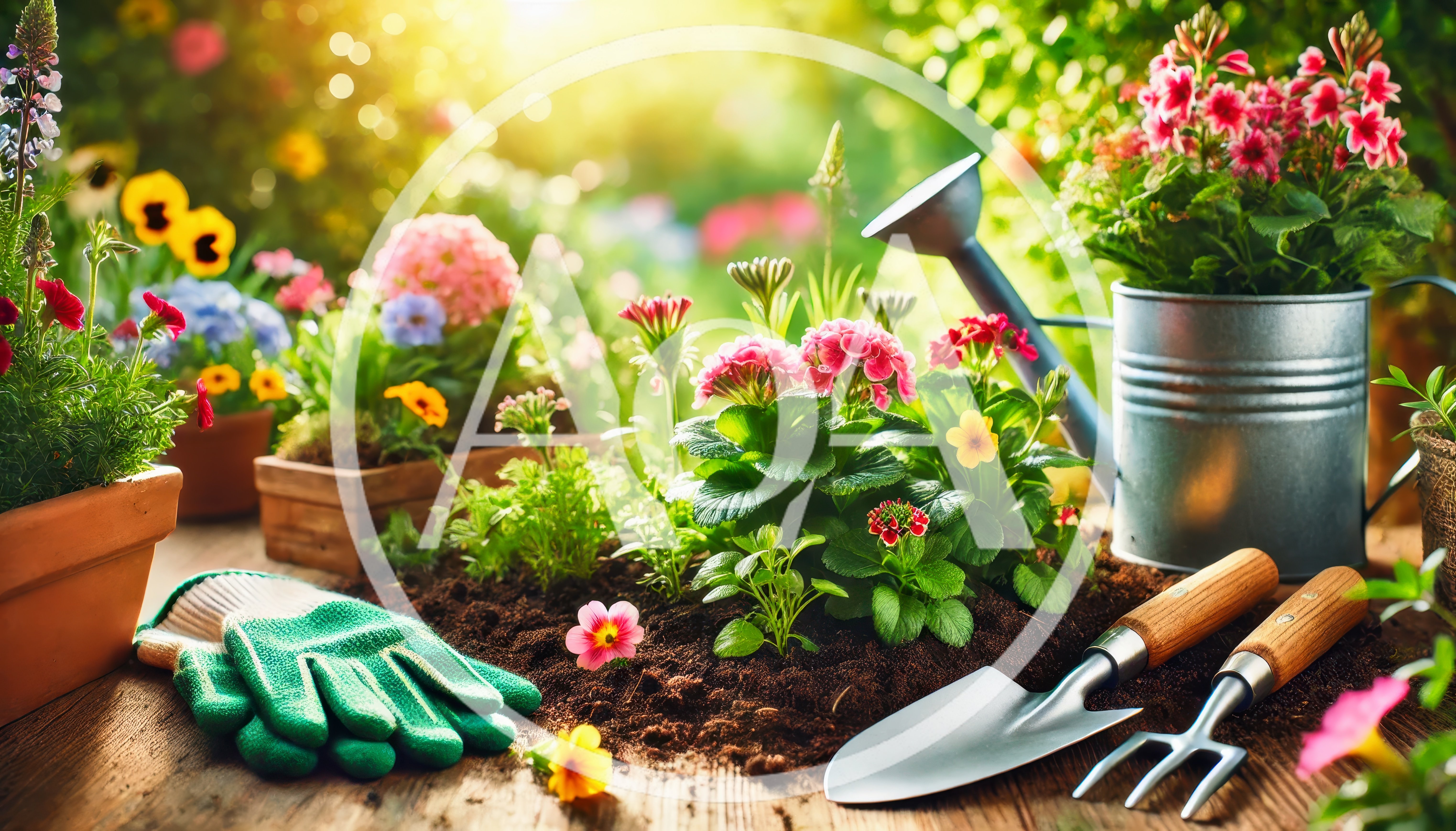 Gardening Tools And Potted Flowers On A Wooden Table