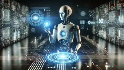 Futuristic Android Interacting With Digital Holographic Interface