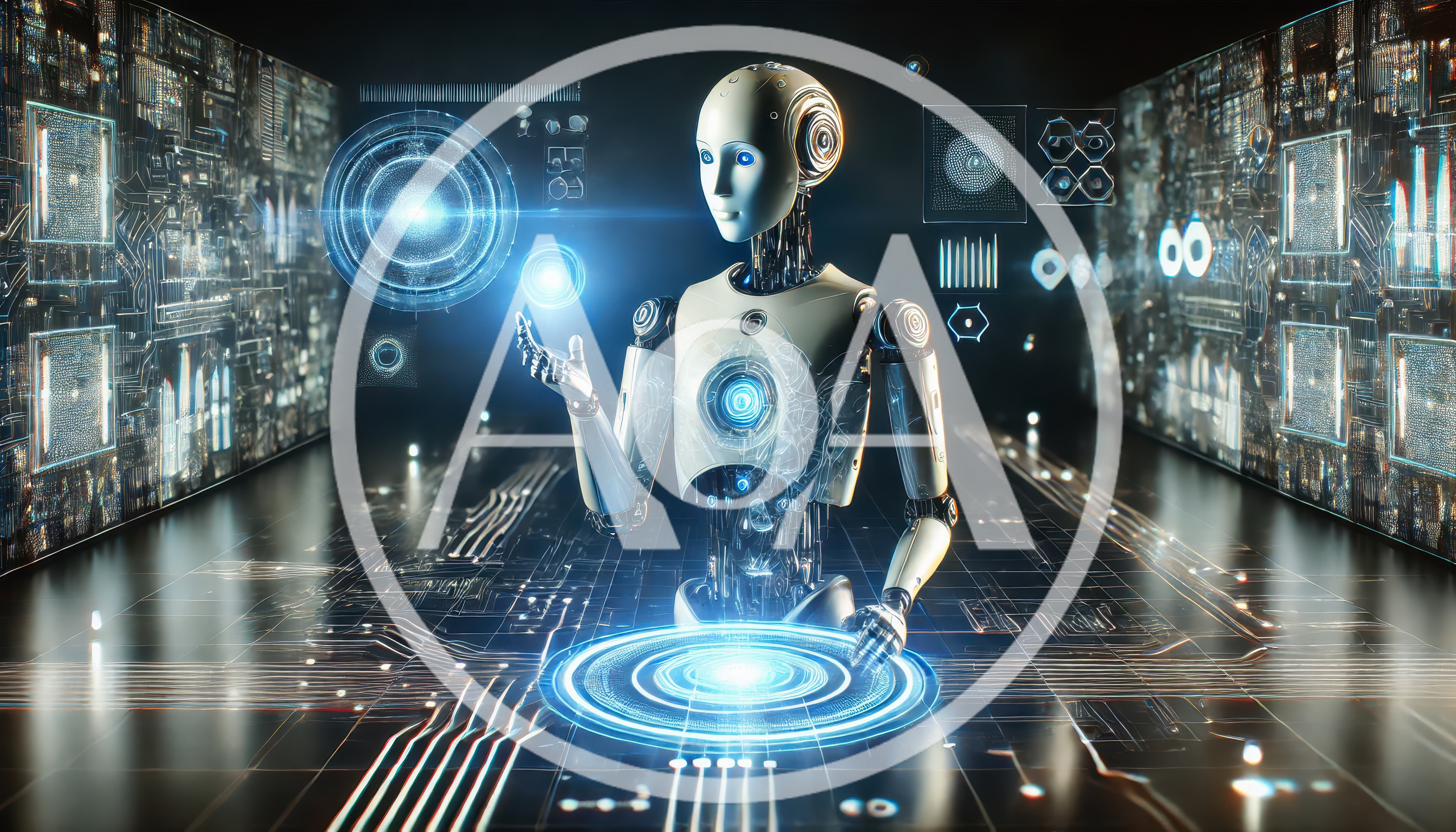 Futuristic Android Interacting With Digital Holographic Interface