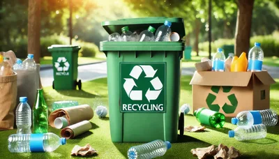 Green Recycling Bin Surrounded By Plastic Bottles And Waste