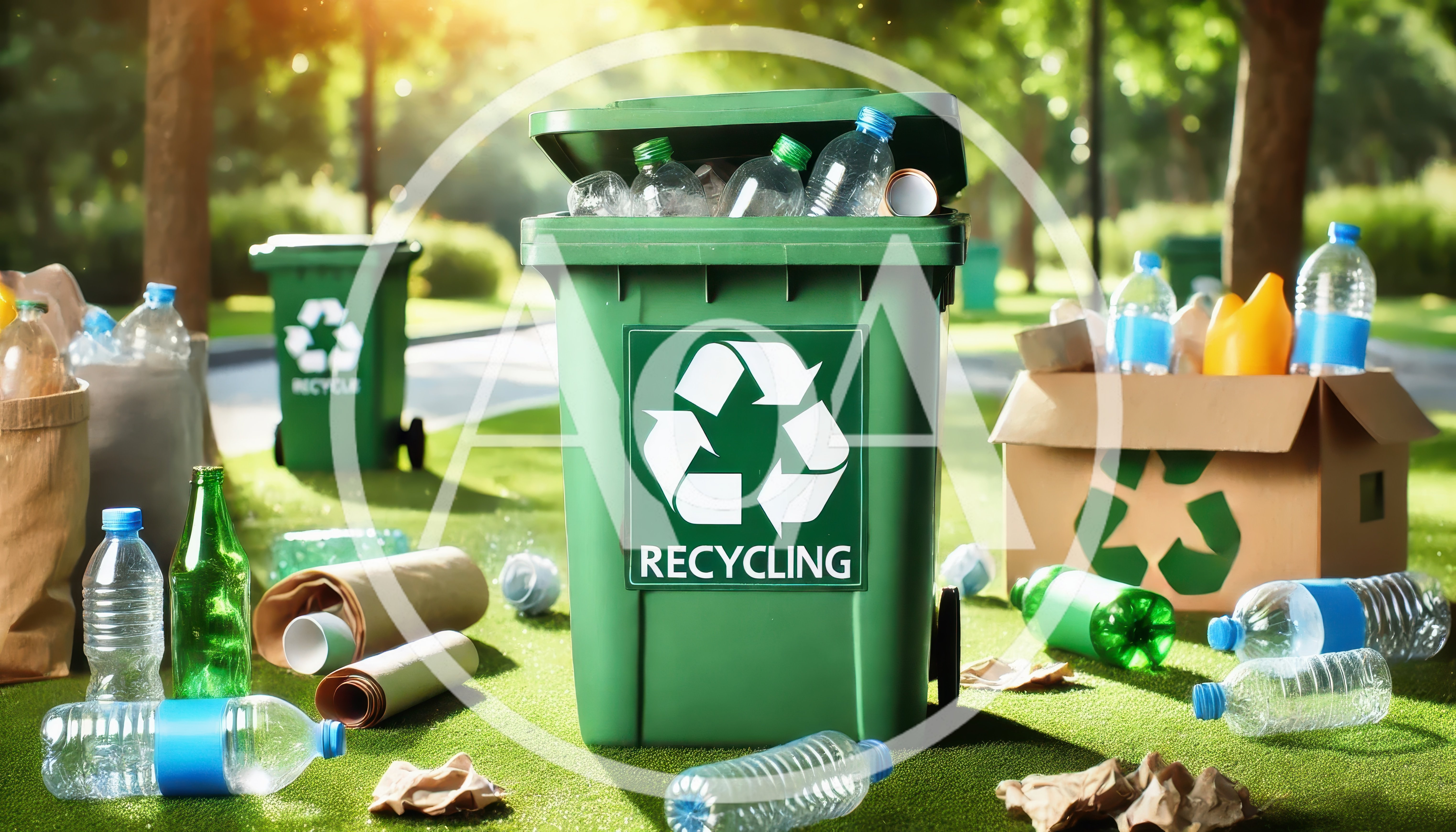 Green Recycling Bin Surrounded By Plastic Bottles And Waste
