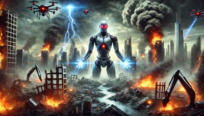 Giant Robot Commanding Drones Over A Burning Ruined City