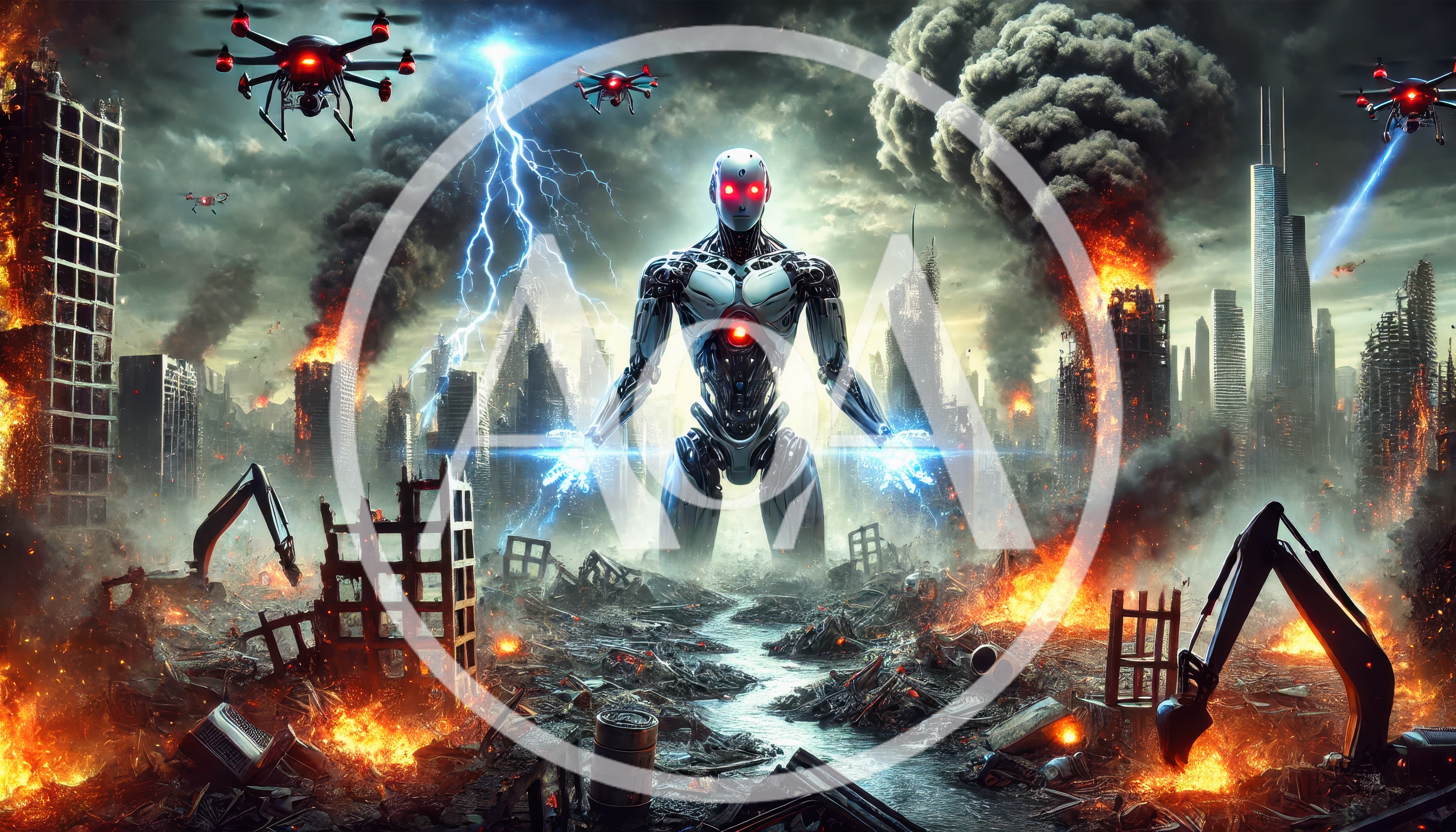 Giant Robot Commanding Drones Over A Burning Ruined City