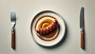 Currywurst Sausage Served On A Plate With Cutlery