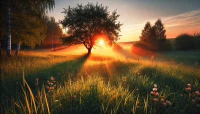 Golden Hour Sunlight Streaming Through A Lone Tree