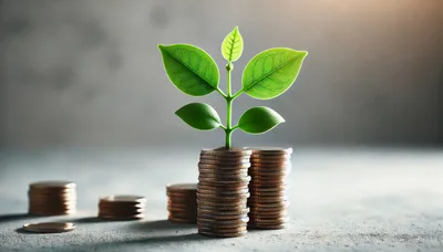 Small Green Plant Growing From Stack Of Coins