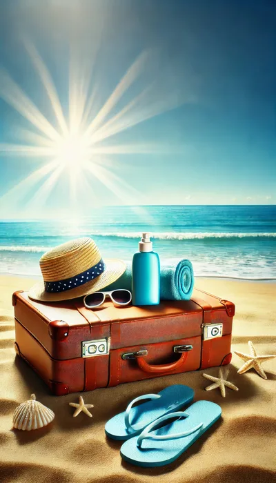 Vintage Suitcase With Beach Essentials On Sandy Shore