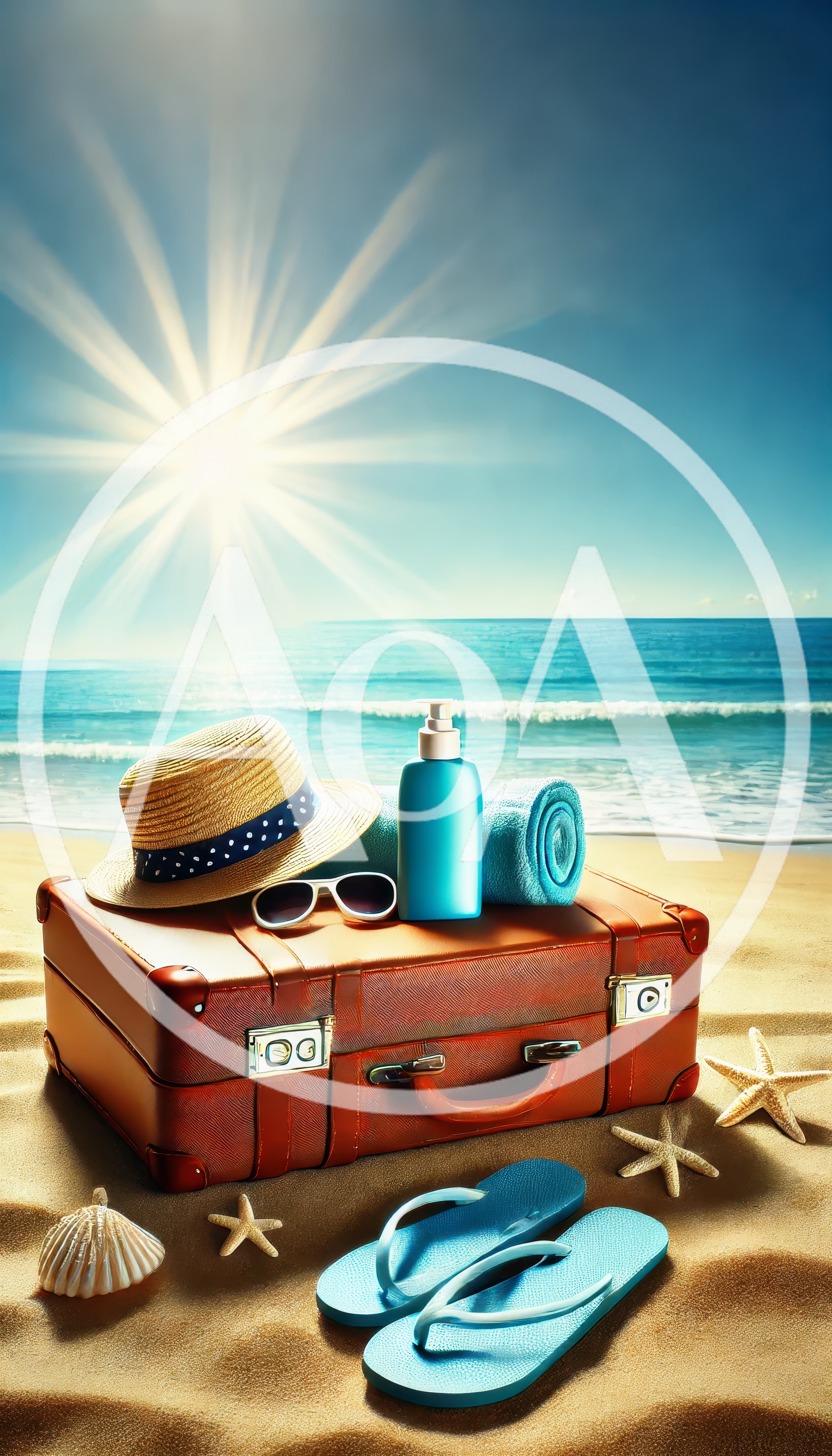 Vintage Suitcase With Beach Essentials On Sandy Shore