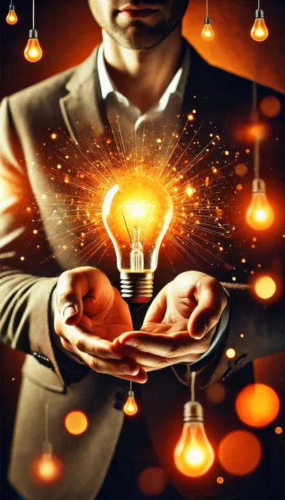Businessman Holding Glowing Light Bulb With Sparks