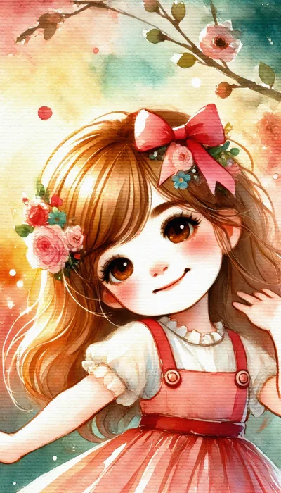 Watercolor Illustration Of A Cute Girl With Floral Hair
