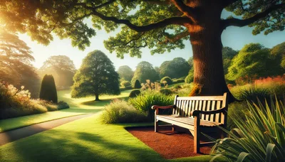 Wooden Bench Under Large Tree In Sunny Park