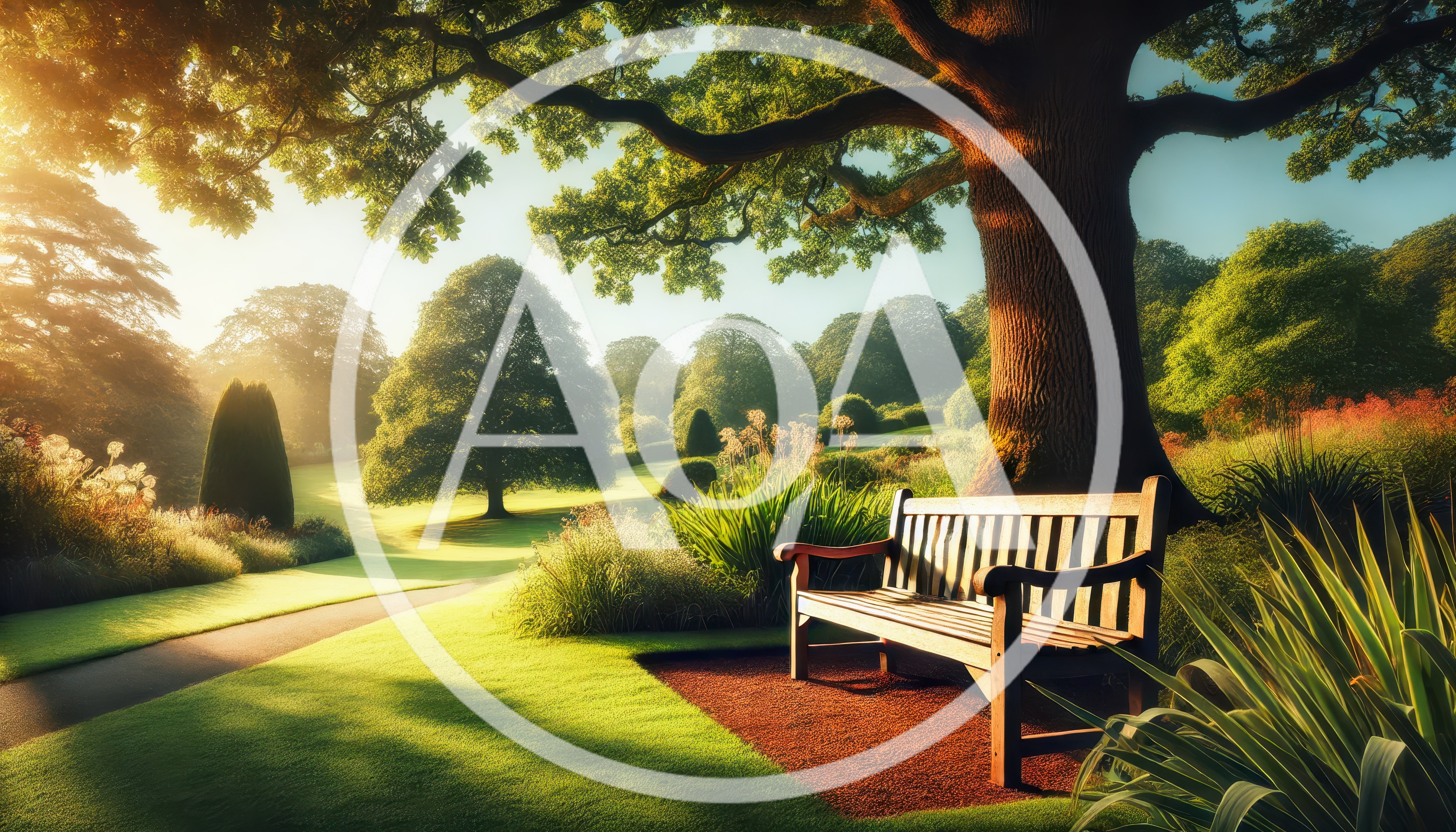 Wooden Bench Under Large Tree In Sunny Park