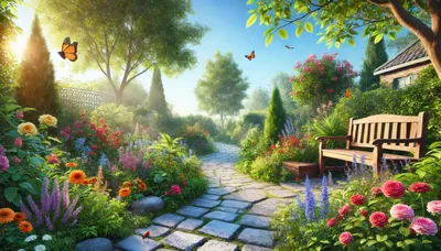 Sunlit Garden Path With Wooden Bench And Butterflies