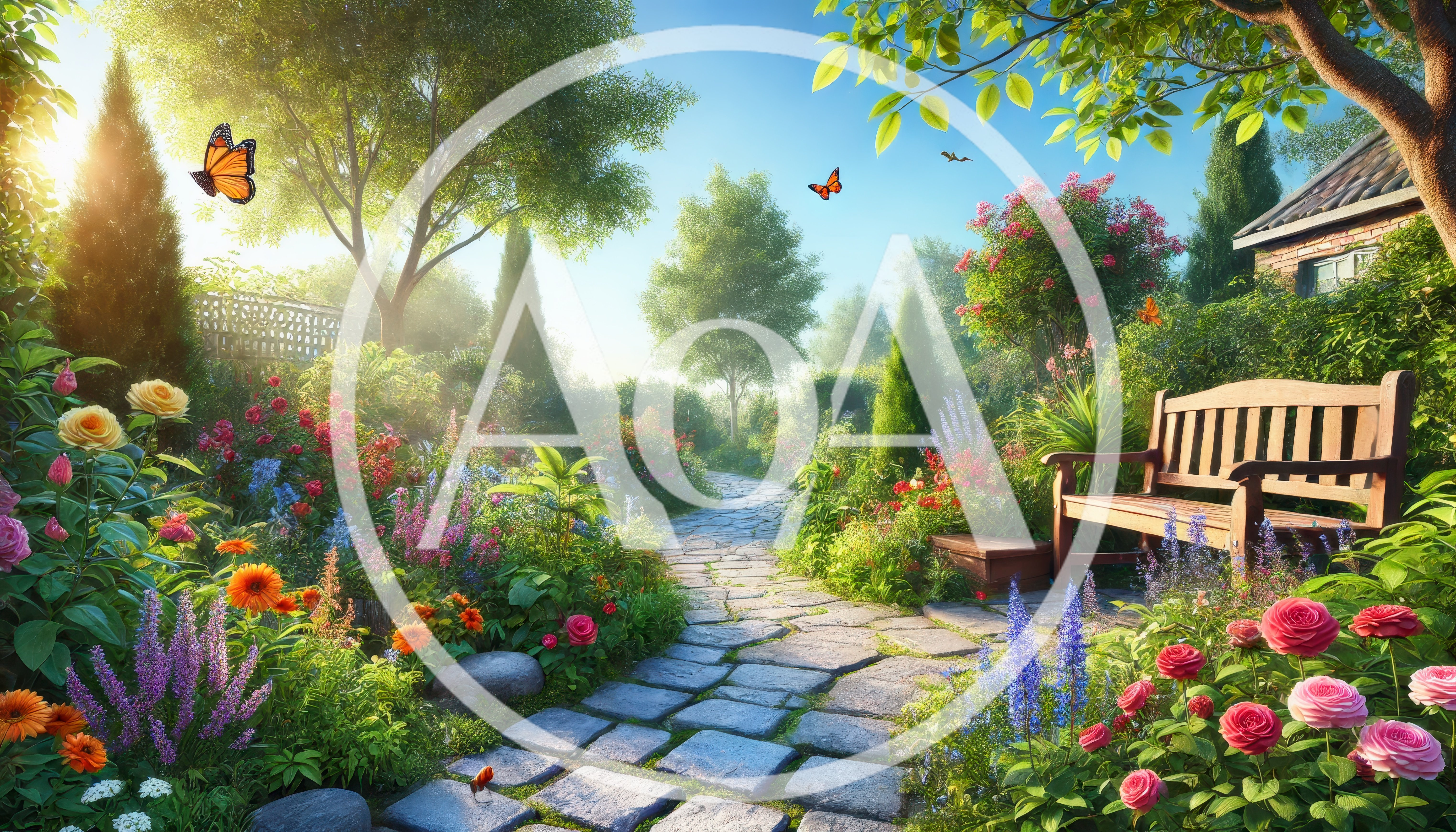 Sunlit Garden Path With Wooden Bench And Butterflies