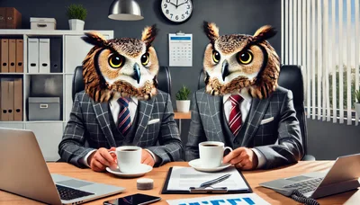 Two Businessmen With Owl Heads Drinking Coffee In Office