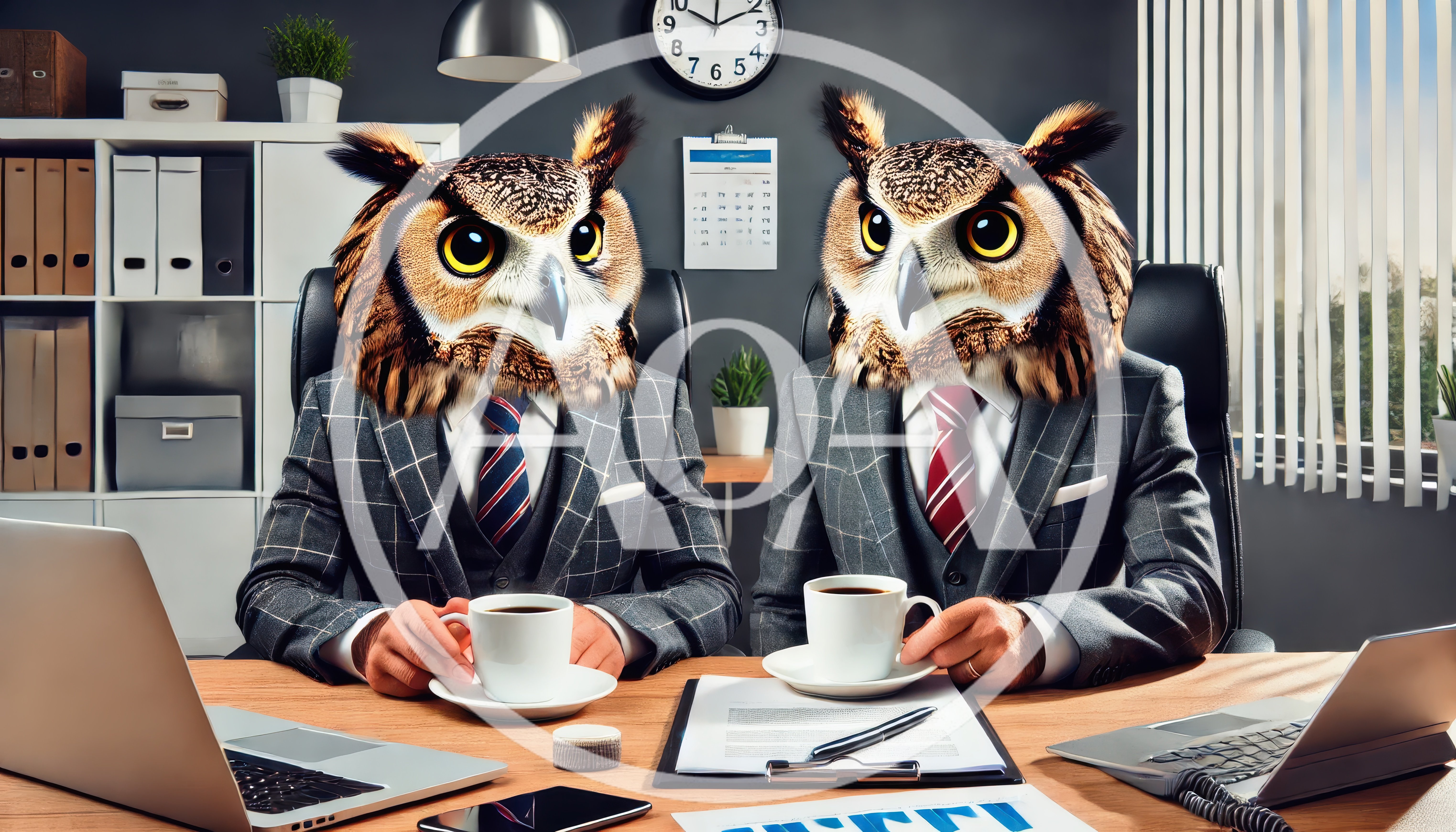 Two Businessmen With Owl Heads Drinking Coffee In Office