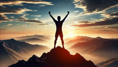 Silhouette Of A Victorious Person Standing On Mountain Peak