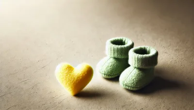 Pair Of Knitted Baby Booties With A Yellow Heart