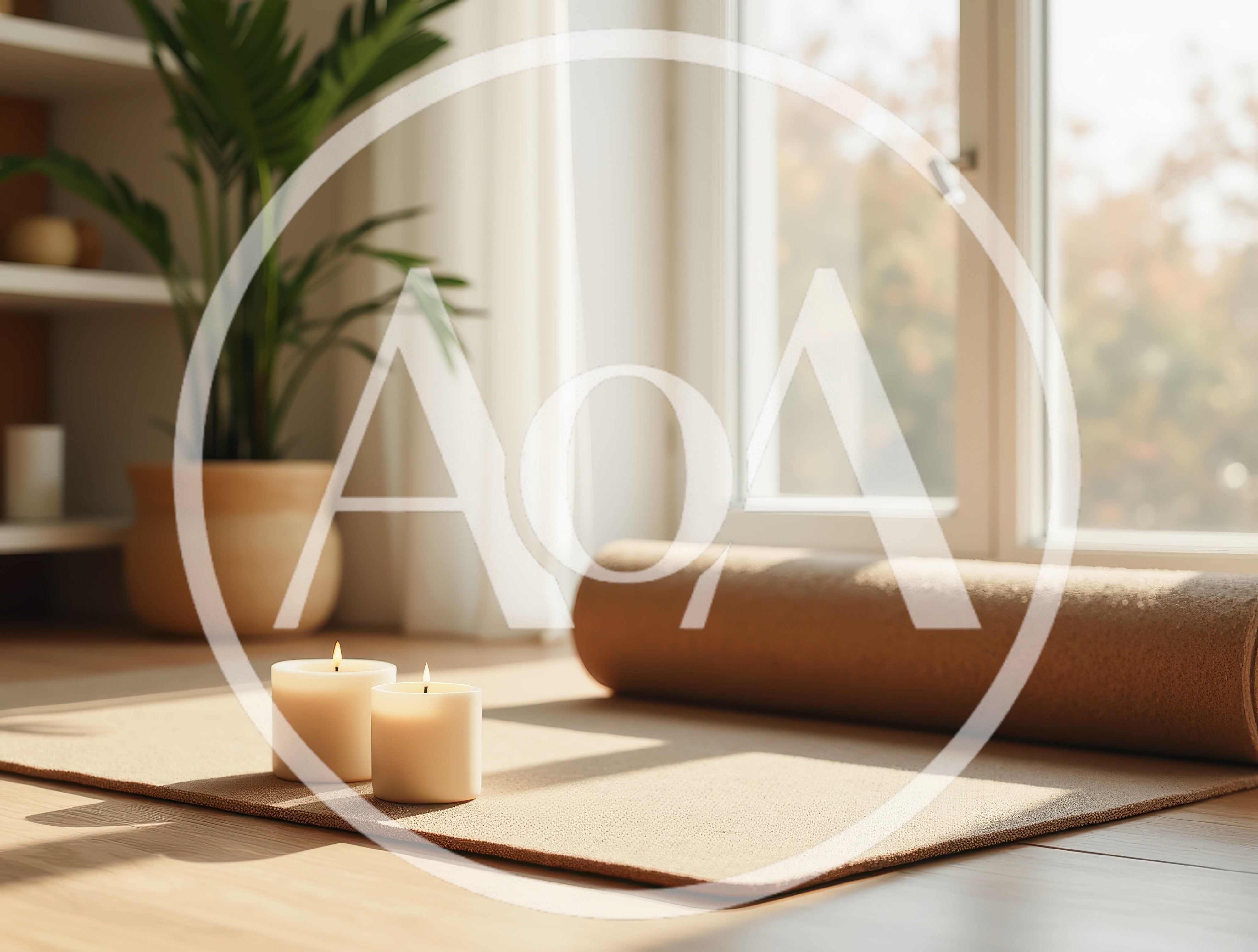 Yoga Mat and Lit Candles in Sunlit Room
