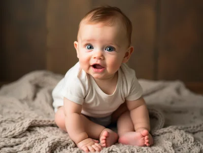 Adorable Baby Sitting On A Knitted Blanket