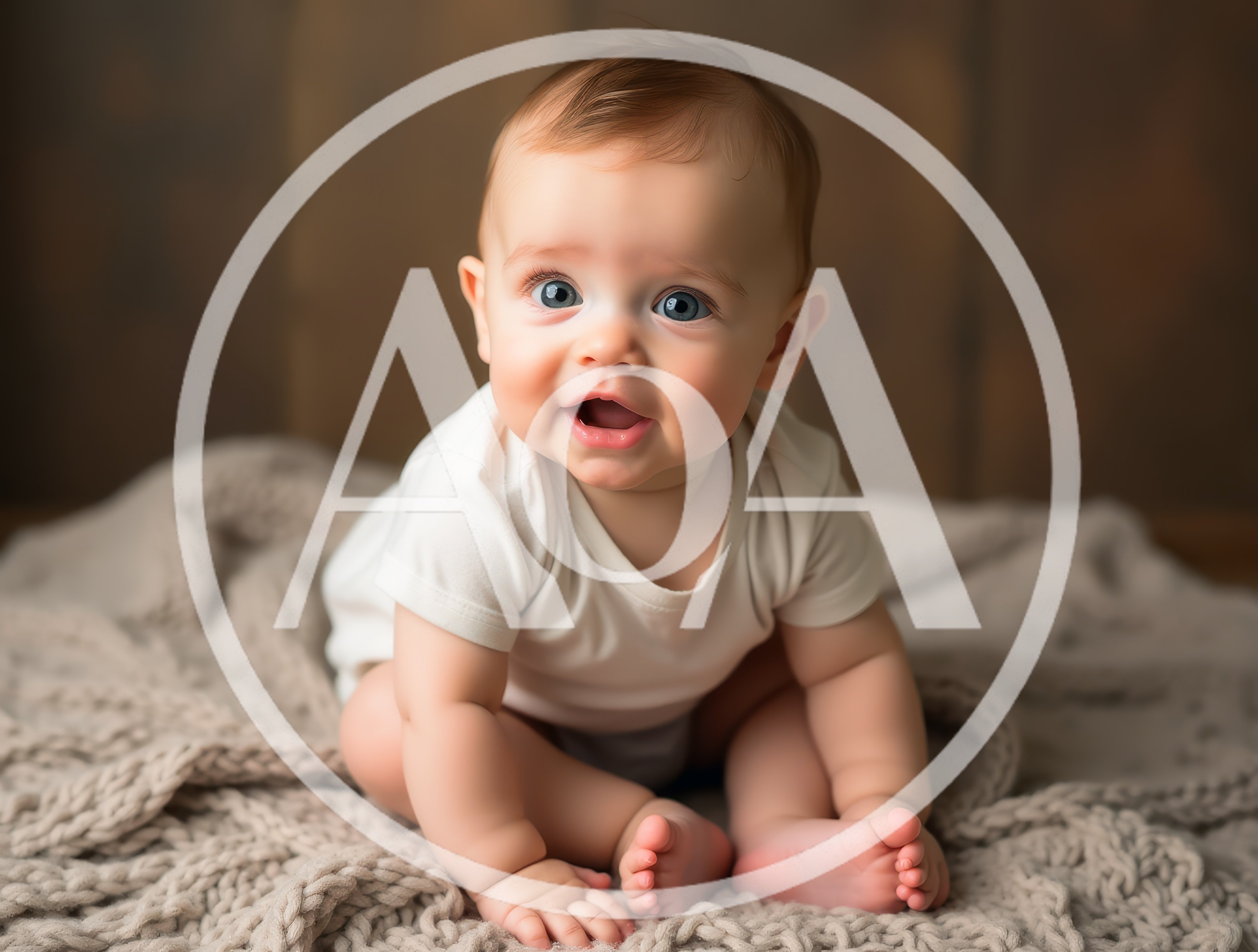 Adorable Baby Sitting On A Knitted Blanket