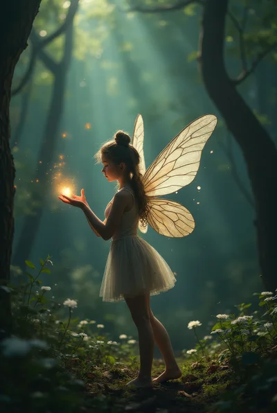 Young Fairy Holding Glowing Light In Enchanted Forest
