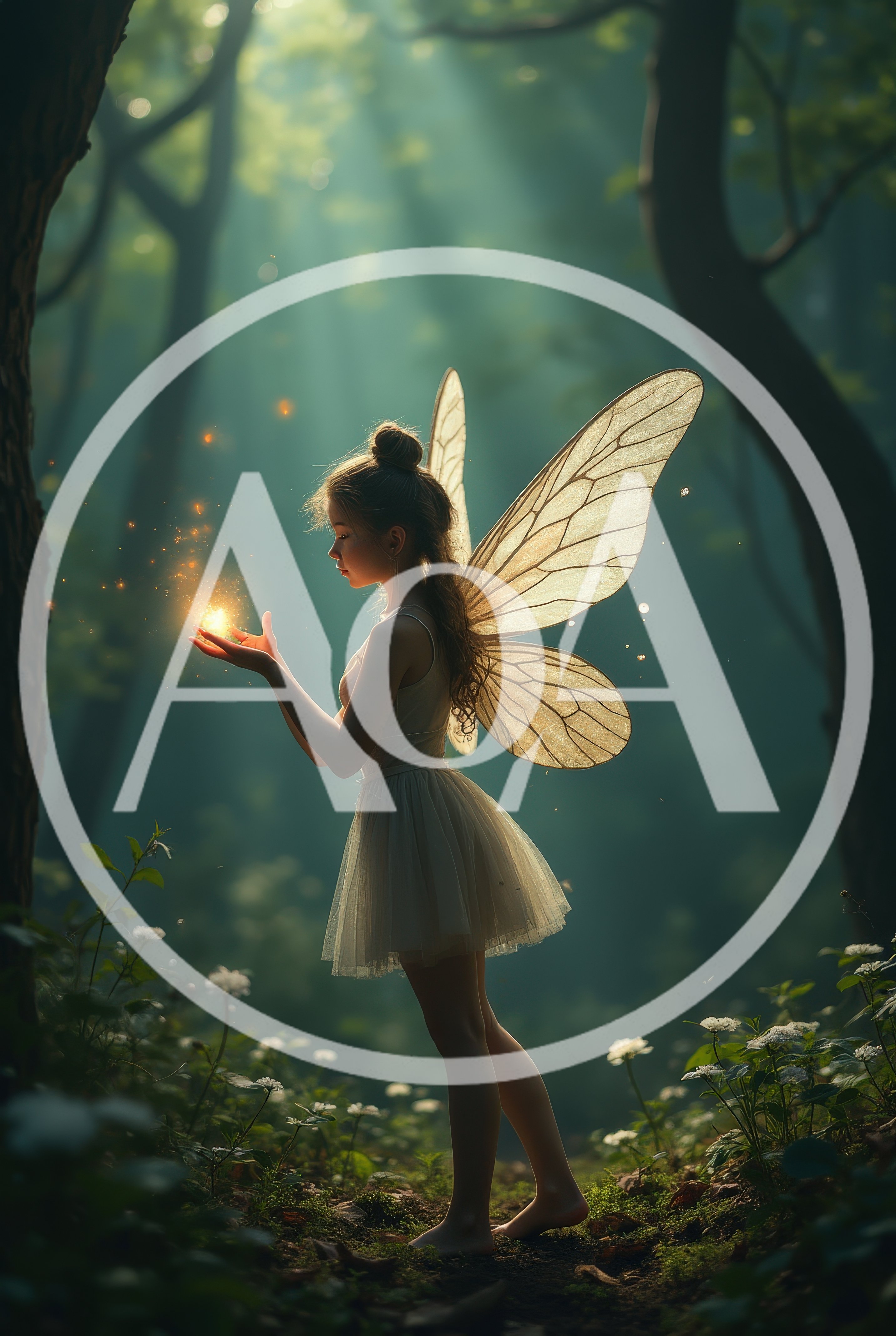 Young Fairy Holding Glowing Light In Enchanted Forest