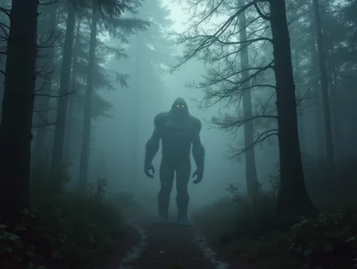 Bigfoot Standing In A Misty Dark Forest