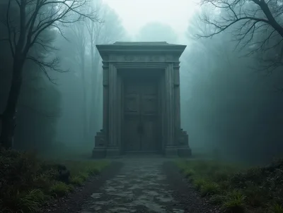 Stone Mausoleum Entrance In A Foggy Forest