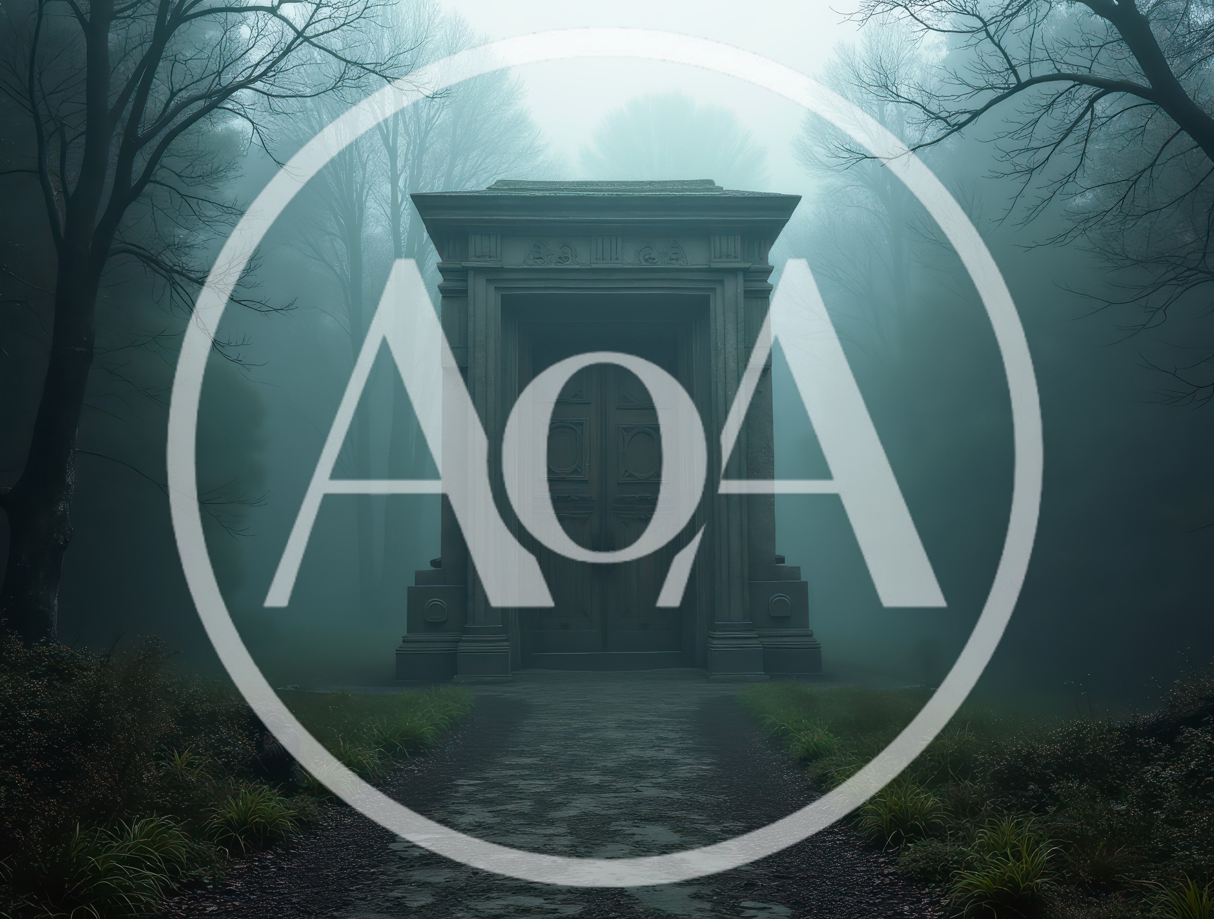 Stone Mausoleum Entrance In A Foggy Forest