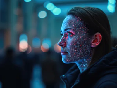 Woman With Digital Facial Recognition Data Overlay