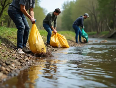 Volunteers Cleaning Trash Along A Riverbank
