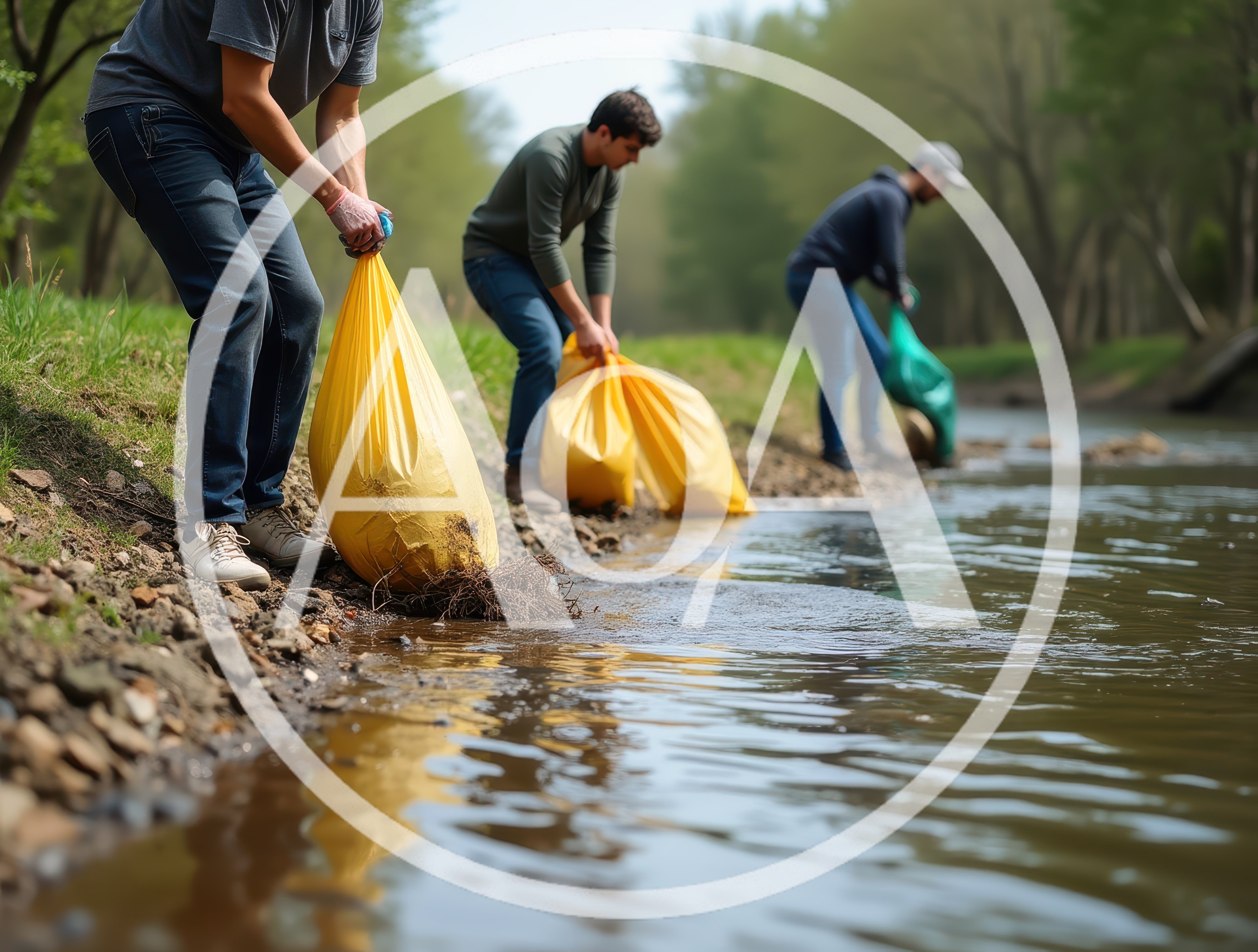 Volunteers Cleaning Trash Along A Riverbank