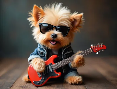 Yorkshire Terrier Playing A Red Electric Guitar