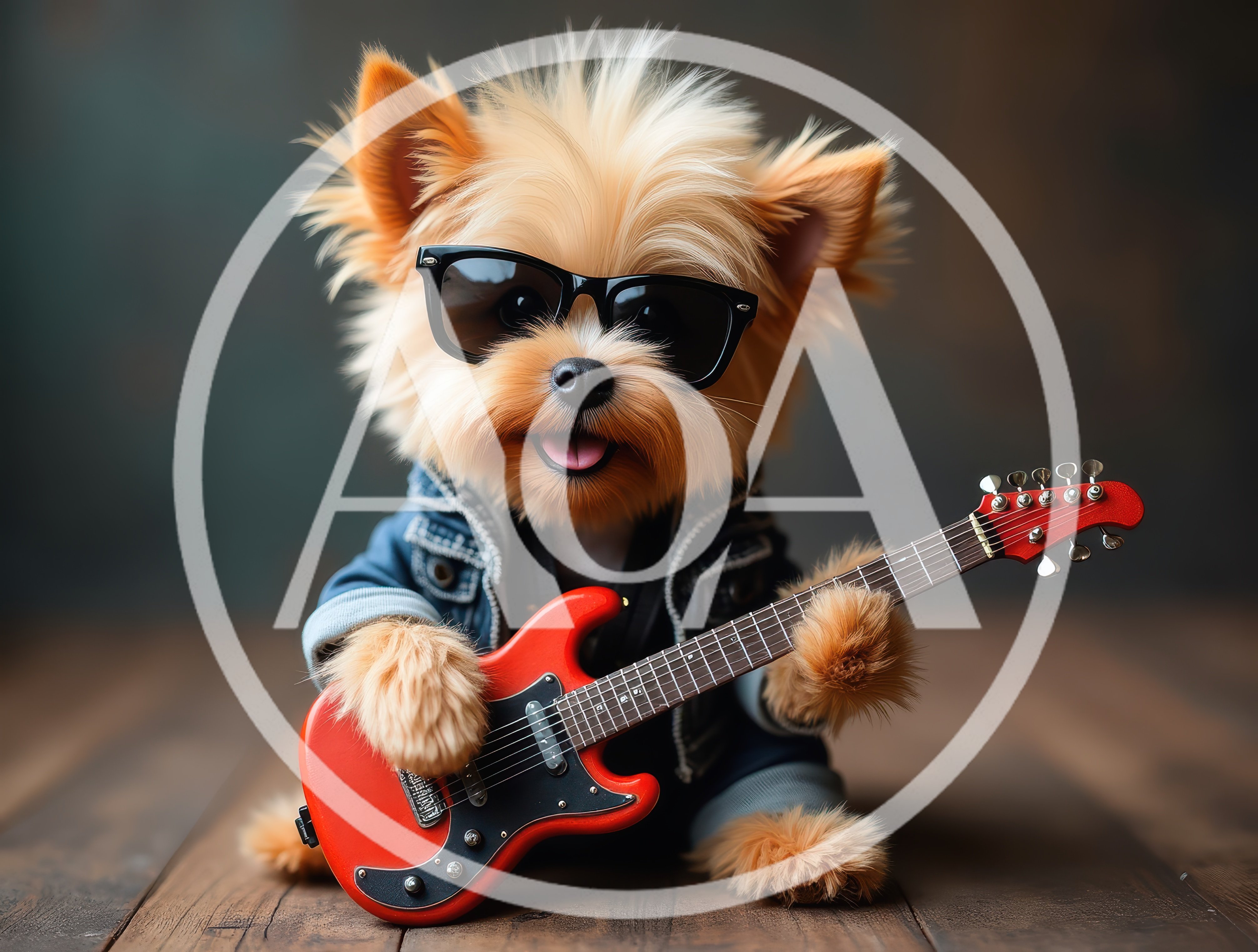 Yorkshire Terrier Playing A Red Electric Guitar