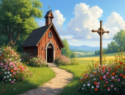 Small Wooden Chapel With Cross In Sunny Meadow