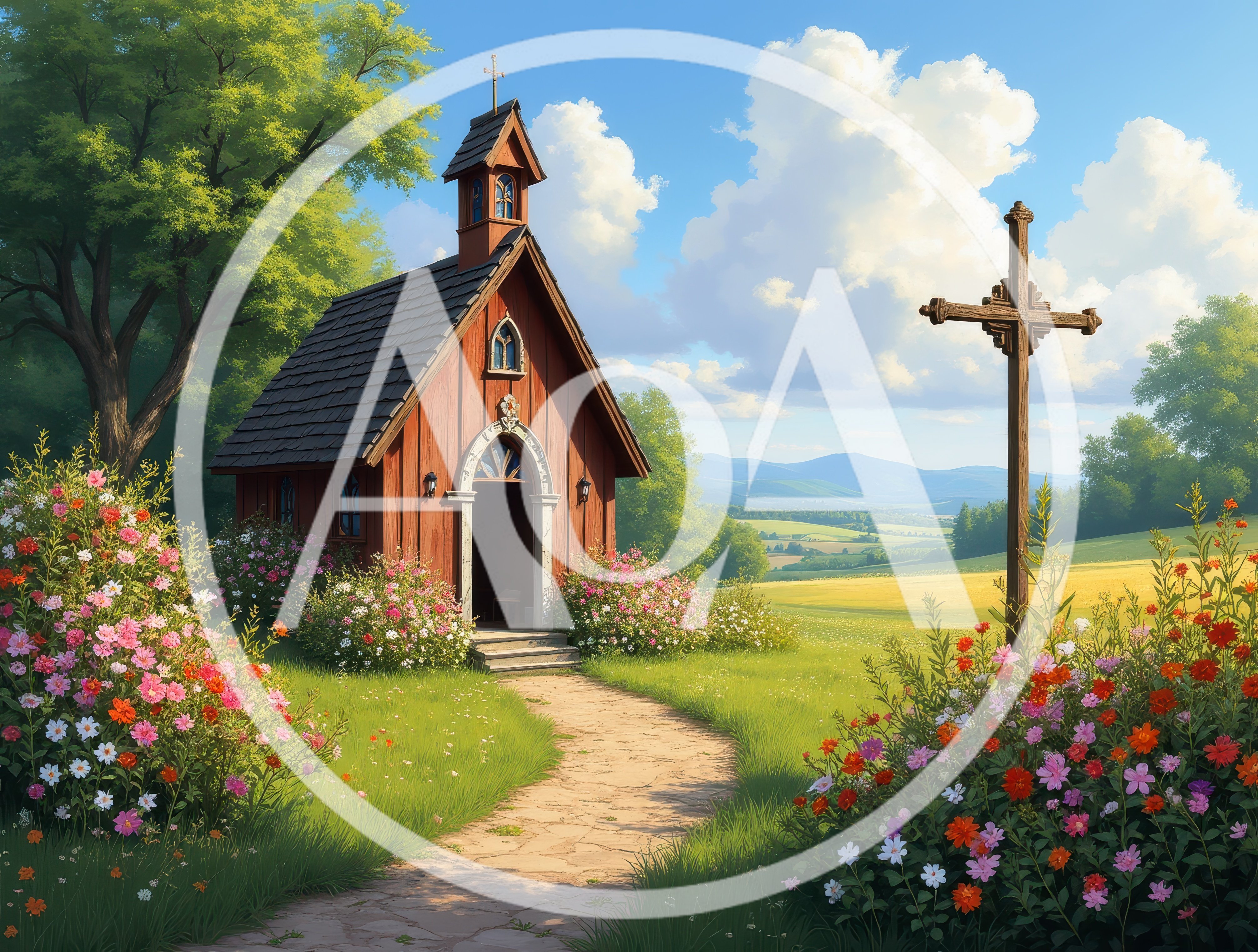 Small Wooden Chapel With Cross In Sunny Meadow