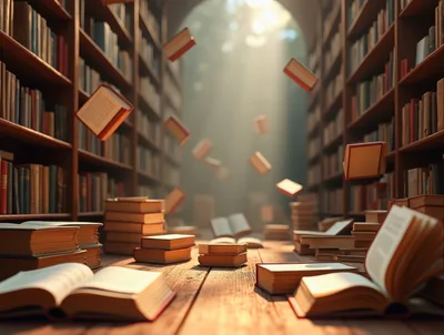 Magical Library With Floating Books And Sunlight