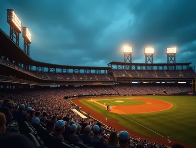 Crowded Baseball Stadium Under Evening Floodlights