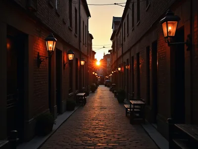 Narrow Cobblestone Alleyway at Sunset