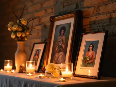 Memorial Altar With Framed Portraits And Lit Candles