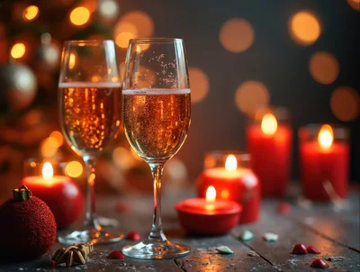 Two Glasses Of Champagne With Christmas Decorations