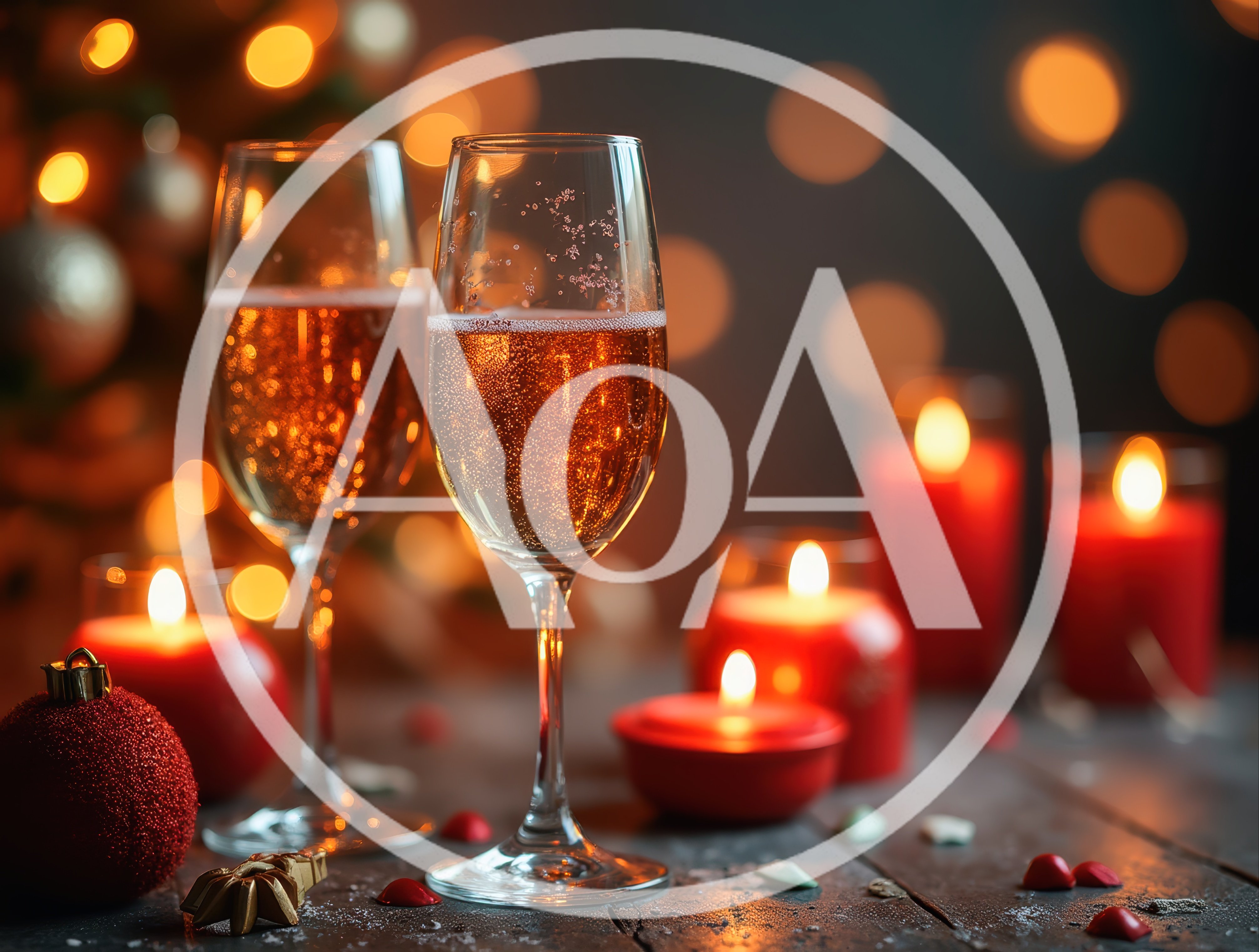 Two Glasses Of Champagne With Christmas Decorations