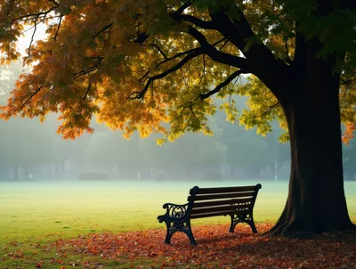 Empty Park Bench Under Autumn Tree In Fog