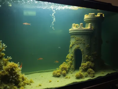 Small Fish Swimming Around A Castle Aquarium Decoration