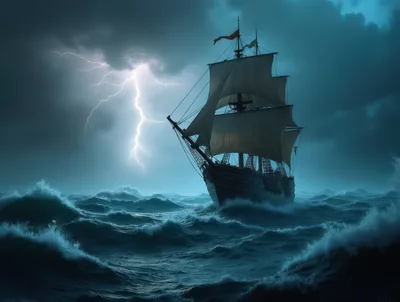 Tall Ship Sailing Through A Violent Stormy Sea