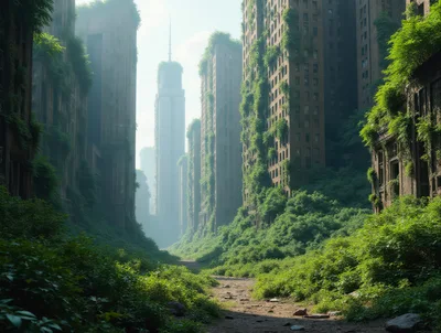Post-Apocalyptic Cityscape Overgrown With Lush Green Vegetation