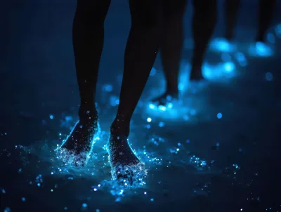 People Walking Through Bioluminescent Waves At Night